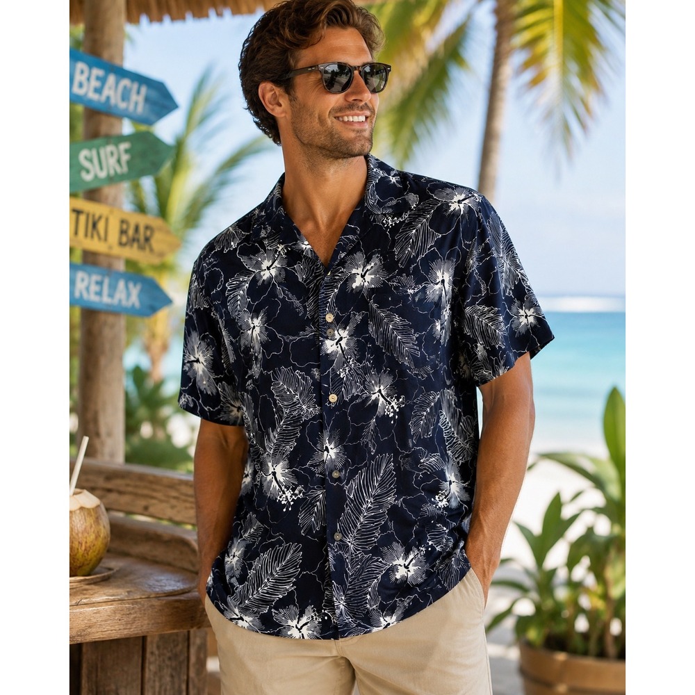Laguna Hawaiian Shirt Mens XL Blue White Floral Hibiscus Aloha Camp Button Front